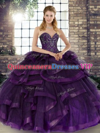 Stunning Purple Ball Gowns Sweetheart Sleeveless Tulle Floor Length Lace Up Beading and Ruffles 15 Quinceanera Dress
