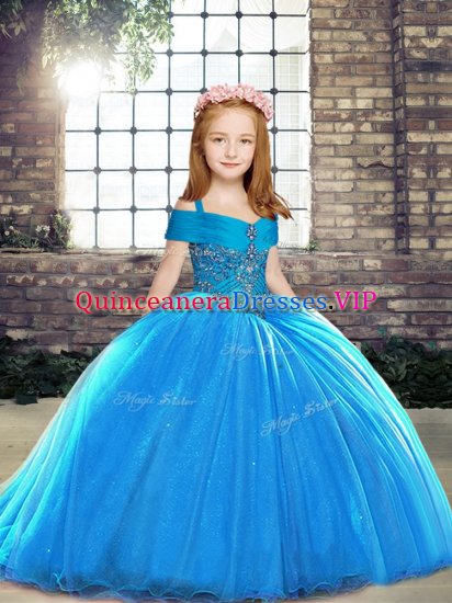 Custom Made Baby Blue Little Girl Pageant Gowns Straps Sleeveless Brush Train Lace Up - Click Image to Close