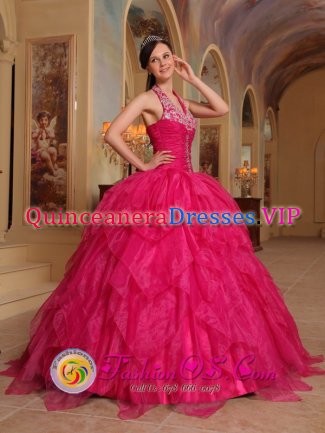Middlewich Cheshire Romantic Embroidery Hot Pink Quinceanera Dress For Winter Halter Organza Ball Gown