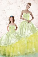 Admirable Light Yellow Ball Gowns Sweetheart Sleeveless Organza Floor Length Lace Up Embroidery and Ruffled Layers Sweet 16 Quinceanera Dress