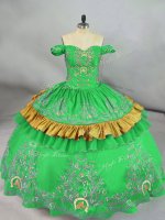 Fitting Green Ball Gowns Satin Off The Shoulder Sleeveless Embroidery Floor Length Lace Up Sweet 16 Dress(SKU PSSW1158-8BIZ)