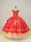 Sleeveless Satin and Organza Floor Length Lace Up 15th Birthday Dress in Red with Embroidery