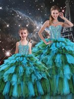 Simple Multi-color Organza Lace Up Quince Ball Gowns Sleeveless Floor Length Beading and Ruffles and Ruffled Layers