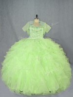 Free and Easy Floor Length Lace Up 15 Quinceanera Dress Yellow Green for Sweet 16 and Quinceanera with Beading and Ruffles