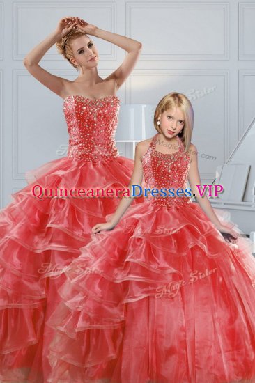 Coral Red Ball Gowns Organza Sweetheart Sleeveless Beading and Ruffled Layers Floor Length Lace Up Sweet 16 Dresses - Click Image to Close