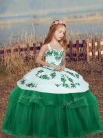 Dark Green Ball Gowns Embroidery Little Girls Pageant Dress Lace Up Tulle Sleeveless Floor Length