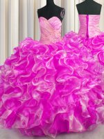Most Popular Rose Pink Organza Lace Up Sweetheart Sleeveless Floor Length Quinceanera Gowns Beading and Ruffles(SKU PSSW0492-7BIZ)