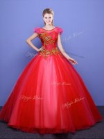 Cute Floor Length Coral Red Sweet 16 Dress Scoop Short Sleeves Lace Up