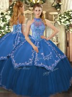 Teal Ball Gowns Tulle Halter Top Sleeveless Beading and Embroidery Floor Length Lace Up Quince Ball Gowns