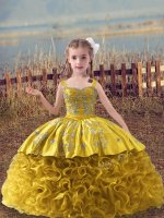 Ball Gowns Sleeveless Gold Little Girls Pageant Dress Sweep Train Lace Up
