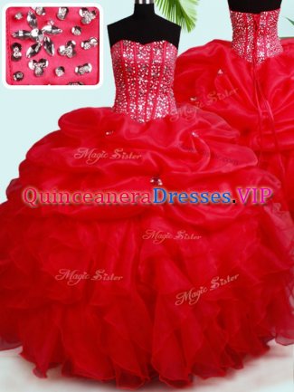 Smart Sleeveless Floor Length Beading and Ruffles and Pick Ups Lace Up Sweet 16 Dresses with Red