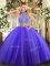 Fashion Purple Two Pieces Tulle Halter Top Sleeveless Beading Floor Length Criss Cross Vestidos de Quinceanera