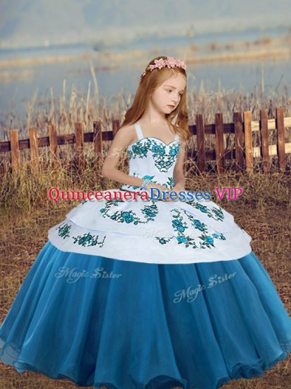 Fancy Blue Sleeveless Embroidery Floor Length Kids Pageant Dress - Click Image to Close