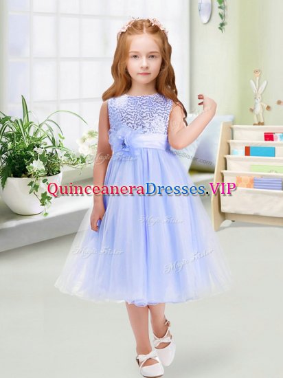 Best Lavender Organza Zipper Scoop Sleeveless Tea Length Kids Pageant Dress Sequins and Hand Made Flower - Click Image to Close