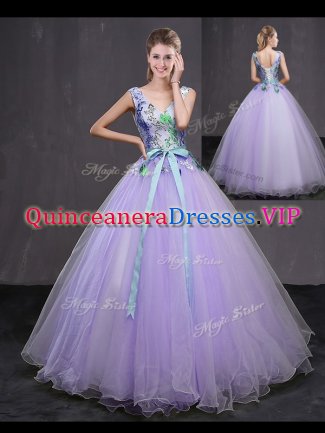 Affordable Floor Length Lace Up Sweet 16 Quinceanera Dress Lavender for Military Ball and Sweet 16 and Quinceanera with Beading and Belt