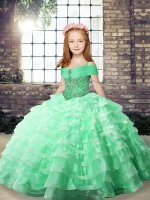 Trendy Apple Green Straps Neckline Beading and Ruffled Layers Pageant Gowns For Girls Sleeveless Lace Up