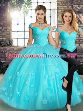 Chic Off The Shoulder Sleeveless Lace Up Ball Gown Prom Dress Aqua Blue Tulle