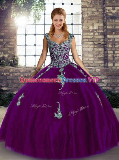 Custom Fit Purple Ball Gowns Straps Sleeveless Tulle Floor Length Lace Up Beading and Appliques Quinceanera Gowns - Click Image to Close