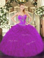 Pretty Fuchsia Ball Gowns Organza Sweetheart Sleeveless Beading and Ruffles Floor Length Lace Up Sweet 16 Dresses(SKU SJQDDT1098002-3BIZ)