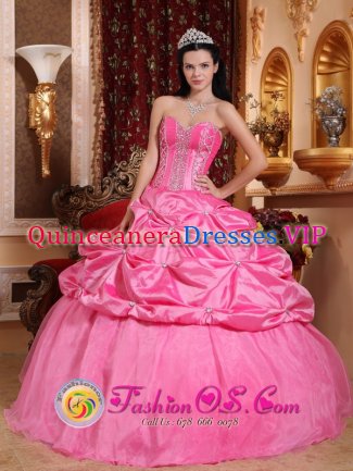 La Junta CO Sweet Rose Pink Modest Quinceanera Dress With Pick-ups and Beaded Decorate Bodice