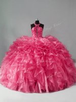 Unique Hot Pink Quince Ball Gowns Sweet 16 and Quinceanera with Beading and Ruffles Halter Top Sleeveless Zipper