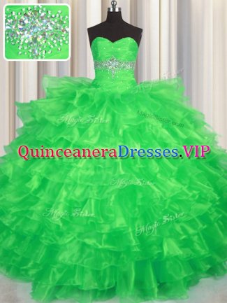 Green Ball Gowns Sweetheart Sleeveless Organza Floor Length Lace Up Beading and Ruffled Layers 15 Quinceanera Dress