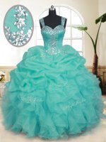 Straps Pick Ups Turquoise Sleeveless Organza Zipper Sweet 16 Dress for Military Ball and Sweet 16 and Quinceanera