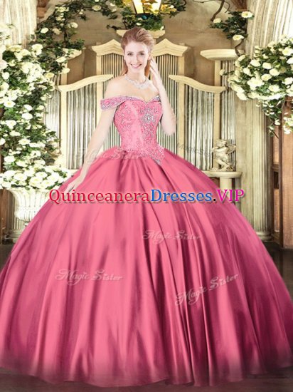 Hot Pink Off The Shoulder Neckline Beading 15 Quinceanera Dress Sleeveless Lace Up - Click Image to Close