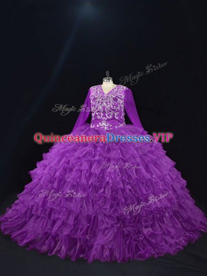 Flirting Purple Long Sleeves Beading and Ruffled Layers Floor Length 15 Quinceanera Dress - Click Image to Close