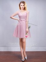 Custom Design Tulle Half Sleeves Mini Length Vestidos de Damas and Ruching and Bowknot