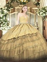 Ball Gowns Ball Gown Prom Dress Gold Sweetheart Organza and Taffeta Sleeveless Floor Length Zipper