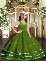 Green Sleeveless Ruffled Layers Floor Length Little Girls Pageant Gowns