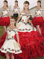 High Class Ball Gowns Quinceanera Dress White And Red Off The Shoulder Organza Sleeveless Floor Length Lace Up(SKU SJQDDT2145010BIZ)
