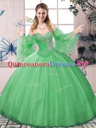 High Class Green Tulle Lace Up Quinceanera Gown Long Sleeves Floor Length Beading