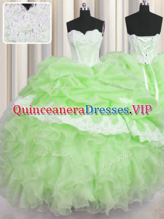 Wonderful Green Lace Up Sweetheart Beading and Ruffles and Pick Ups Quinceanera Gown Organza Sleeveless