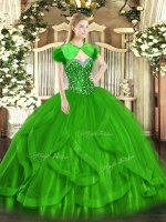 Popular Green Ball Gowns Beading and Ruffles Quinceanera Dress Lace Up Tulle Sleeveless Floor Length(SKU SJQDDT1464002-1BIZ)