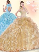 Adorable Champagne Ball Gowns Beading and Ruffles Quince Ball Gowns Backless Organza Sleeveless