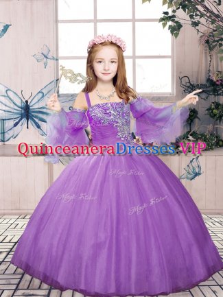Lavender Ball Gowns Tulle Straps Sleeveless Beading Floor Length Lace Up Little Girls Pageant Dress Wholesale