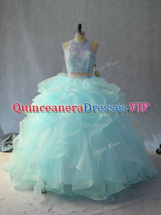 Light Blue Two Pieces Beading and Ruffles Sweet 16 Dress Backless Sleeveless Floor Length