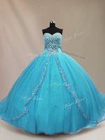 Custom Design Sleeveless Tulle Court Train Lace Up Sweet 16 Dresses in Aqua Blue with Beading(SKU PSSW0963-5BIZ)