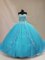Custom Design Sleeveless Tulle Court Train Lace Up Sweet 16 Dresses in Aqua Blue with Beading