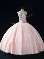 Suitable Pink Scoop Neckline Beading Quinceanera Gowns Sleeveless Lace Up