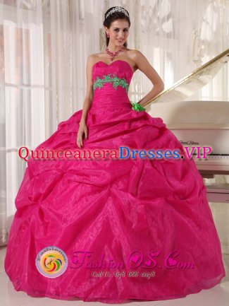 Granada Spain Wholesale Hot Pink Quinceanera Dress With Sweetheart Organza Appliques hand flower decorate Pick-ups