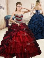Wine Red Lace Up Quinceanera Dress Beading and Appliques and Ruffled Layers and Pick Ups Sleeveless Floor Length(SKU YYPJ057BIZ)