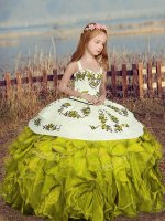 Hot Sale Olive Green Kids Pageant Dress Party and Wedding Party with Embroidery and Ruffles Straps Sleeveless Lace Up