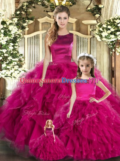 Comfortable Sleeveless Floor Length Ruffles Lace Up 15th Birthday Dress with Fuchsia - Click Image to Close