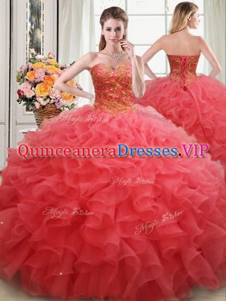 Graceful Ball Gowns 15th Birthday Dress Coral Red Sweetheart Organza Sleeveless Floor Length Lace Up