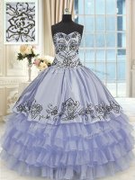 Sweetheart Sleeveless 15th Birthday Dress Floor Length Beading and Embroidery and Ruffled Layers Lavender Organza and Taffeta