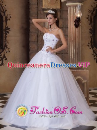 Avon Ohio/OH Embroidery Romantic Strapless Quinceanera Dress White Satin and Tulle Ball Gown
