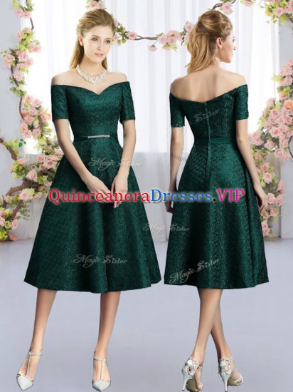 Luxury Dark Green A-line Belt Dama Dress Lace Short Sleeves Tea Length - Click Image to Close
